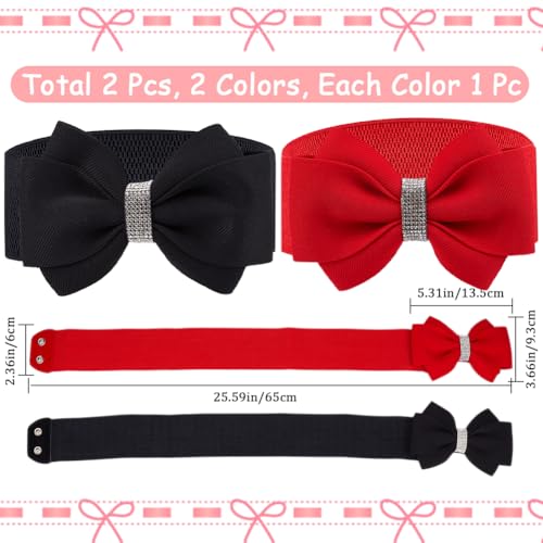 CRASPIRE 2 Colors Elastic Bow Belts Black Red Cloth Bowknot Stretch Sash Tie Elastic Chain Waist Belt Band Vintage with Synthetic Rhinestone for Women Ladies Wedding Trench Coat Overcoat Decorative2