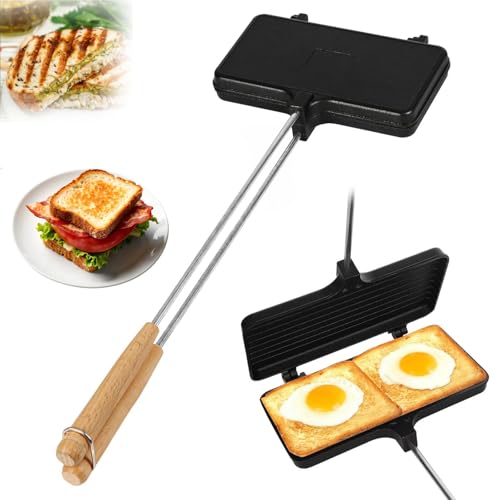 OUKENS Double Pie Iron for Camping, Non-Stick Cast Iron Sandwich Maker with Removable Handles for Campfire, Grill & Stove, Portable Mountain Pie Campfire press for Cooking Equipment