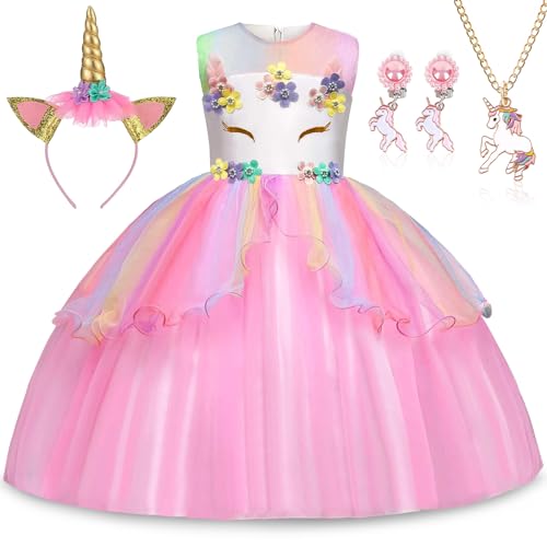 TEBOKHAD Einhorn Kostüm Mädchen, Prinzessin Kleid Mädchen Mit Halskette, Ohrklammer Und Stirnband, Einhorn Kostüm Kinder Für Eihnachten Verkleidung, Karneval Halloween, Geburtstag Party (110cm)