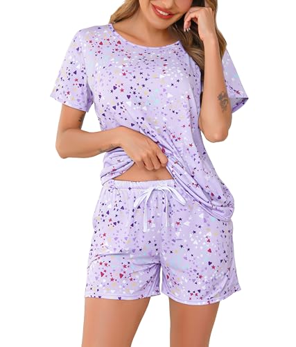 Image of Lovasy Womens Pyjamas Set Cotton Pajamas for Women UK Short Sleeve Ladies Pyjamas 2 Piece Short Pjs Set Summer Pijamas with Pockets,Purple,L
