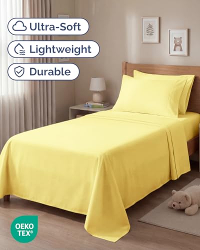 Image of Twin 4 Piece Bed Sheet Set - Comfy, Breathable & Cooling Sheets - Yellow | Ultra Soft Hotel Luxury Bedding Set with 8-16 Inch Deep Pockets, 1 Flat & 1 Fitted Sheet & 2 Pillowcases, Wrinkle & Fade Free
