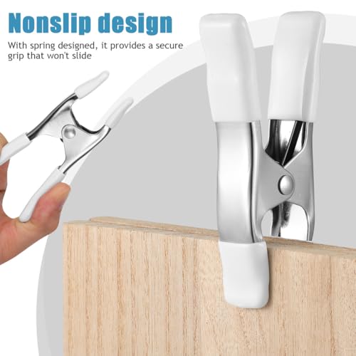 Image of UKCOCO 4 Pack Heavy Duty Spring Clamps, 4 Inch Nickel-Plated A-Shape Metal Clips with PVC Protective Tips, White Tension Clamps for Woodworking, Backdrop Stand, Crafts and Wedding Dress Fitting