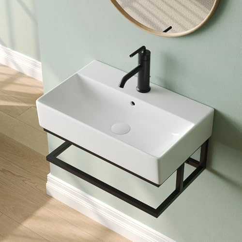 DeerValley Lavabo Mural avec Porte-Serviettes, Lavabo Salle de Bain en Céramique Blanc, Rectangulaire Suspendu, Idéal pour Salle de Bain et WC Invités (56.8 x 36 x 13 cm)