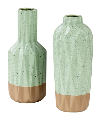 2er Set Porzellan Vase H15cm Grün Braun Blumenvase Tischdeko Blumendeko Boho Design Skandi Trockenblumen Wohnaccessoires