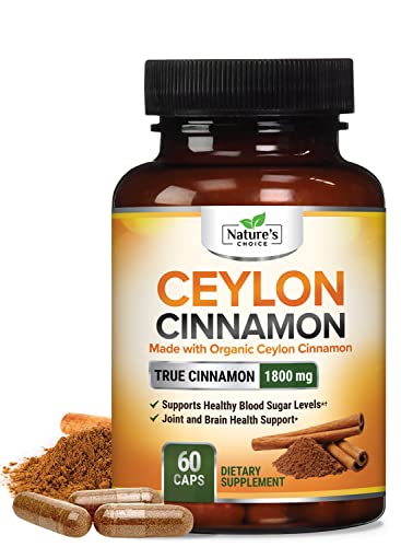 Certified Organic Ceylon Cinnamon (Made with Organic Ceylon Cinnamon) 1800mg - Organic Sri Lanka Ceylon Cinnamon Powder Caps - Made in USA - Best Vegan Blood Sugar Support Supplement - 60 Capsules