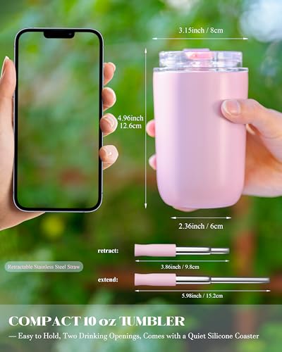 UIRZOTN 10 oz Insulated Coffee Tumblers, Travel Coffee Tumblers with Straw, Double-Wall Stainless Steel Tumbler, Leak Proof Tumbler, Reusable Cups with Lids for lced and Hot Drinks (Matte, Pink) — view 2