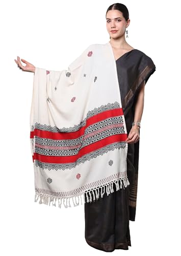 Image of Exotic India Pure Cotton Shawl from Tamil Nadu | Toda Embroidery South Indian Traditional Stole for Women's Casual Wear