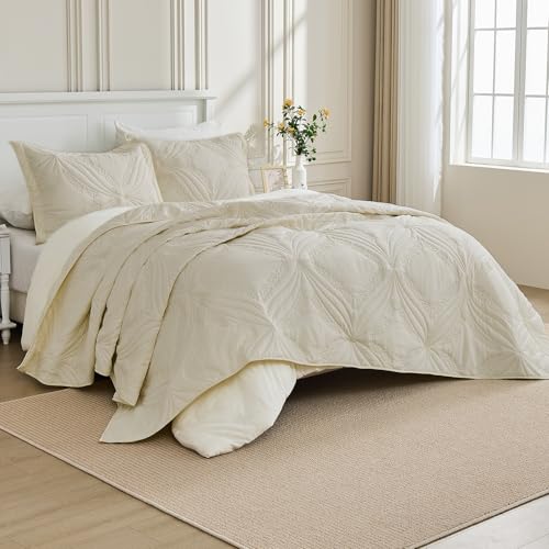 Image of Kingnex Oversized King Bedspreads 128x120 for Tall King or Cal King Bed Ultrasonic Quilted Coverlet Set 3 Piece Include 1 Extra Wide Quilt 2 Pillowcases Beige