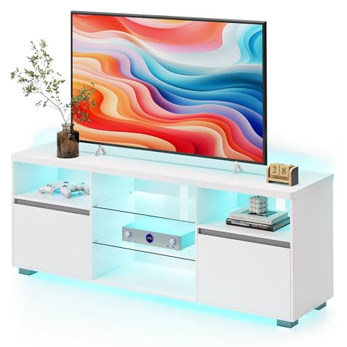 VASAGLE TV Stand with LED Lights for TVs up to 70 Inch, Entertainment Center with Open Glass Shelves, 2 Cabinets with Doors, 63-Inch Long, TV Console for Bedroom Living Room, White ULTV330T1