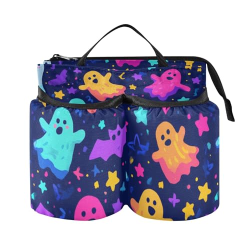 Image of Luggage Cup Holder for Suitcases Free Hands Suitcase Cup Holder Travel Luggage Drink Holder Portable Luggage Cup Caddy Bag Carrier with Handle Neon Halloween Ghosts Stars Bats