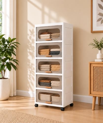 Image of KRISHYAM 5-Layer Plastic Storage Cabinet with Lift-Up Doors & Wheels, Smoky Translucent Multipurpose Clothes Organizer for Bedroom, Kids Room & Home, 123 x 50 x 26 cm