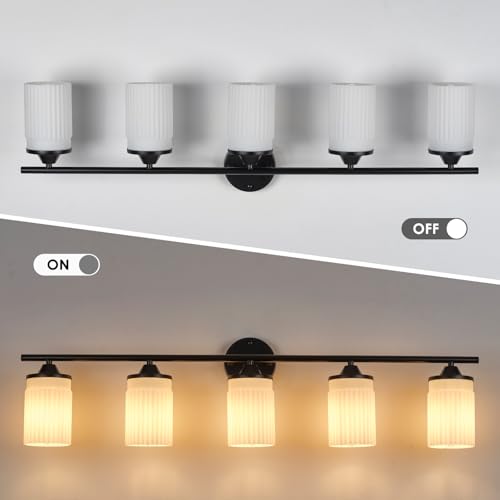 Image of Jonsi Black Bathroom Light Fixtures 5-Light Vanity Lights Modern Wall Sconce with Milk White Shade Brushed Brass Bathroom Light Fixture Over Mirror for Bedroom Hallway Kitchen