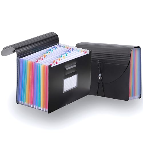 Dokumentenmappe A4 - Fächermappe mit 12 Fächern - Sortiermappe bis 1.500 Blatt - farbige Register A-Z / 1-12 / Monate - robuste PP Ordnungsmappe wasserabweisend - für Büro, Schule, Uni - Schwarz Bunt