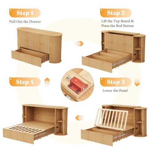 Image of AMERLIFE Full Murphy Bed with Storage Bedside Shelves & Sliding Tambour Door, Modern Cabinet Bed with Charging Station & Curved Fluted Design for Bedroom /Guest /Home Office, Natural Oak