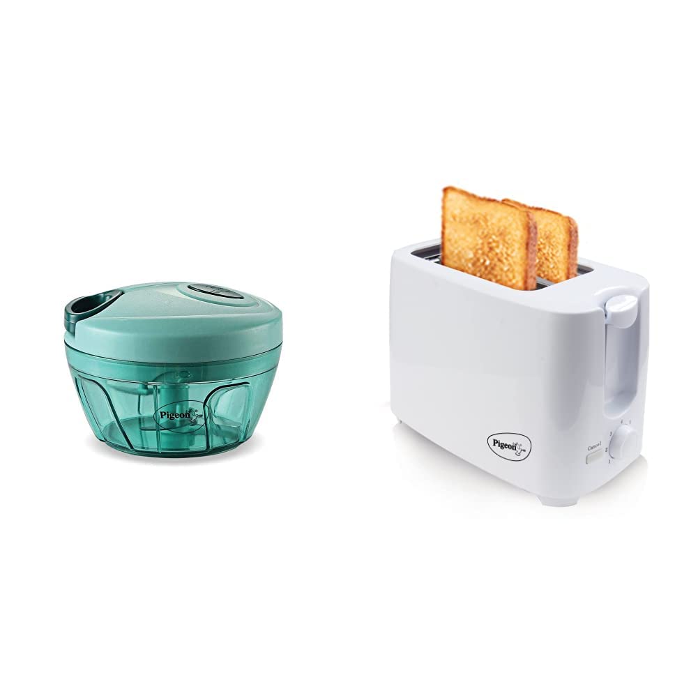 Pigeon Kitchen Essentials | Mini Chopper (400ml, 3 Blades) & 2-Slice Auto Pop-up Toaster (750W) | Green & White | Premium Appliances