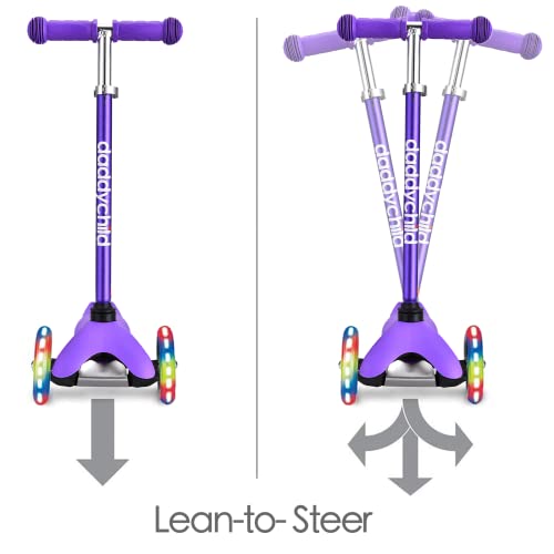 Image of 3-Wheel Kick Scooter for Kids Ages 3-8 Lean-to-Steer Toddler Scooter with Extra Wide Light Up Wheels, 4 Adjustable Heights, Foldable Scooters for Boys & Girls, Max Weight 110lbs (Purple)