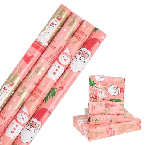 HBell Christmas Wrapping Paper Roll 4 Rolls Pink Christmas Wrapping Paper Xmas Gift Wrap Paper 43cm x 3m for Xmas New Year Party Festive Decorations