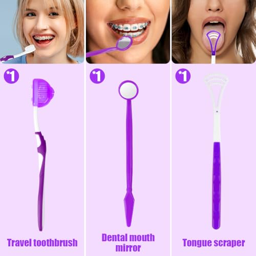 OFFCUP Orthodontic Care Kit, 9 Pack Braces Cleaning Set, Oral Care kit V-Brush Oral Mirror Ortho Wax Timer Dental Floss Threaders Interdental Brush Tongue Scraper (Purple) - Image 4