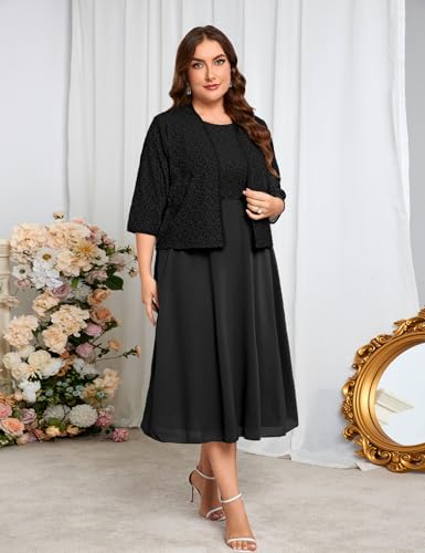 Image of ZOMVA Plus Size Sparkly Mother of The Bride Dresses with Jacket 2 Piece Chiffon A-Line Dress Wedding Guest Formal