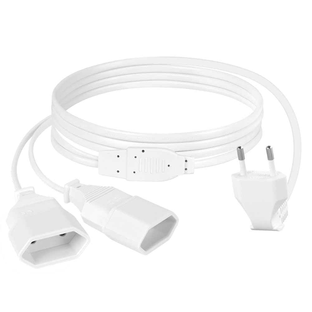 AXFEE Przedłużacz kabla zasilającego, 2 w 1, 2 m, euro, wtyczka europejska 90°, wtyczka euro, wtyczka Euro CEE 7/16, przedłużacz typu C do TV, komputera, monitora (biały)
