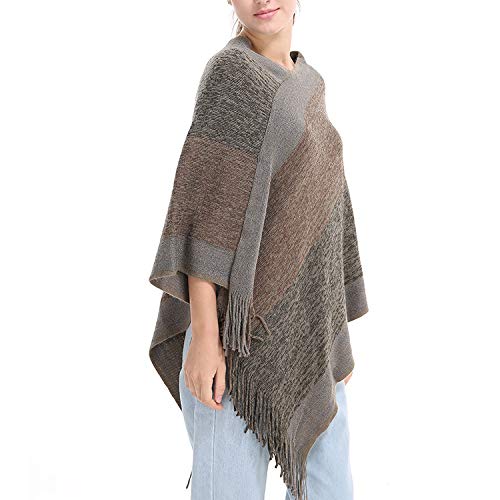 Image of Women's Elegant Knitted Shawl Poncho with Fringed V-Neck Striped Sweater Pullover Cape Gifts for Women Mom