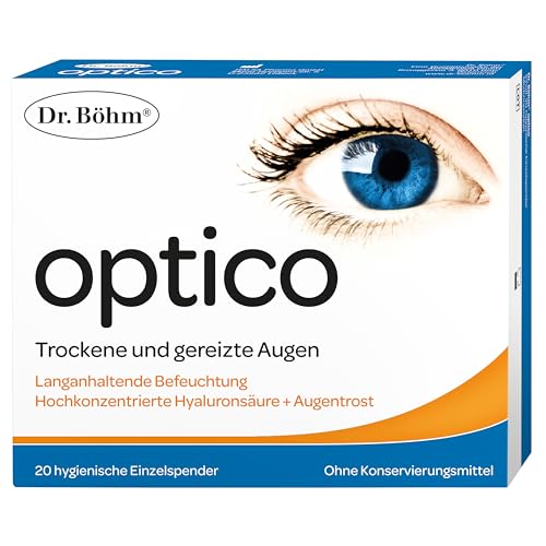 Optico - Gotas para los ojos secos, con altas dosis de ácido hialurónico y euphrasia (eufrasia), hidratación duradera, adecuada para usuarios de lentes de contacto, 20 x 0,45 ml