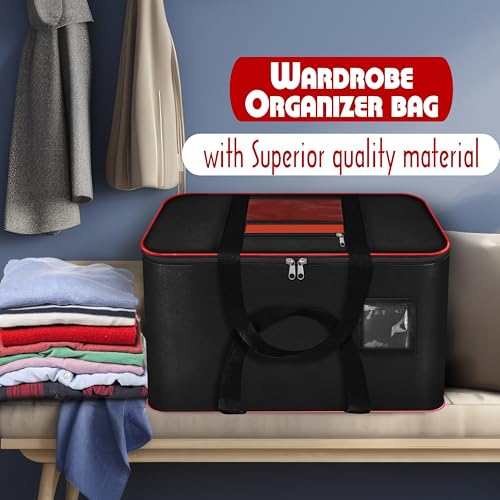 Image of Storite Moisture Proof Nylon Large Size Underbed Storage Bag for Clothes with Net Pocket & Front transparent pocket for note (54 x 46 x 28 cm) - Red Black, Rectangular