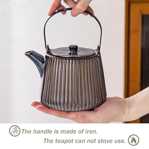 Image of Yundu Ceramic Teapots for Tea, 1000ml /33.8oz Tea Pot with Infusers for Loose Tea, Striped Tea Pot with Removable Tea Infuser - Reactive Brown