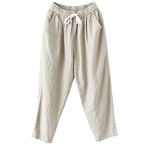 Hanaturu Pantalones cónicos para mujer, algodón, lino, cordón, cintura elástica, pantalones de yoga, pantalones de lápiz informales, pantalones ligeros con bolsillo, Color beige., XL