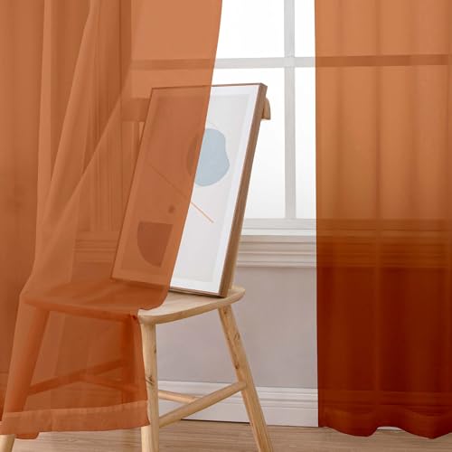 Image of OWENIE Sheer Curtains 54 inches Long for Living Room Bedroom, Rod Pocket Light Filtering Voile Sheers Panels Drapes Small Window Treatments 2 Panels, 42 inch W x 54 inch L, Orange