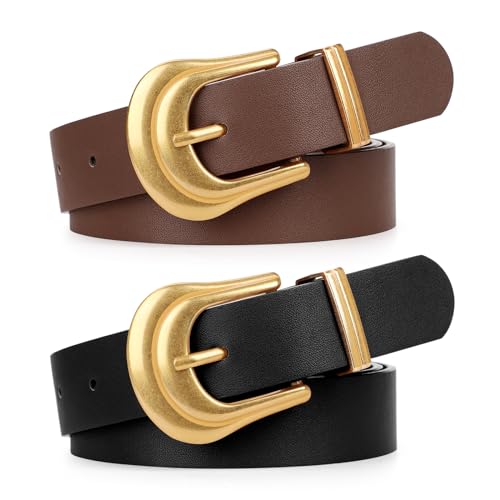 LEACOOLKEY 2 Pack Women's Leather Belts for Jeans Western Belt Ladies Wsit Belt with Gold Silver Buckle