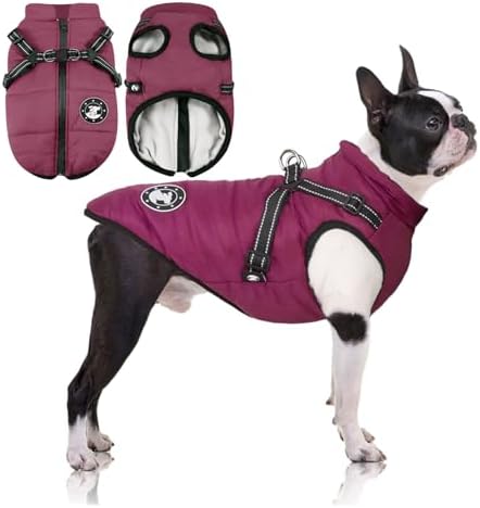 LUOWAN Hundemantel für Kleine Hunde, Hundejacke mit Geschirr, Wasserdichter Warmer Hund Wintermantel für Kleine Mittlere Hunde, Maschinenwaschbarer Reflektierender Streifen Design