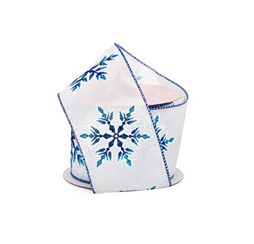Image of Blue Christmas Snowflakes Wired Ribbon - 2 1 /2 inch x 10 Yards, White Satin, Gift Wrap, Wreath, Garland, Tree Topper Bow, Gift Basket, Presents