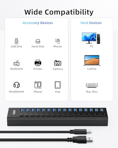 Image of AGEEN 16-Port USB 3.2 Gen 2 Hub, 10Gbps High-Speed Aluminum Powered Hub with 96W Adapter, Individual Switches & Surge Protection for PC /Laptop, Flash Drive, Printer, Camera