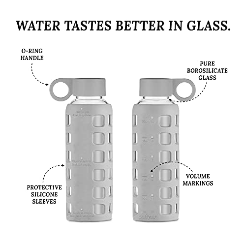 purifyou 40oz / 32oz / 22oz / 12oz Borosilicate Glass Water Bottle with Time & Volume Markers, Silicone Sleeve, Stainless Steel Lid | Reusable Glass Bottle for Water & Juice (12oz Pastel Gray)