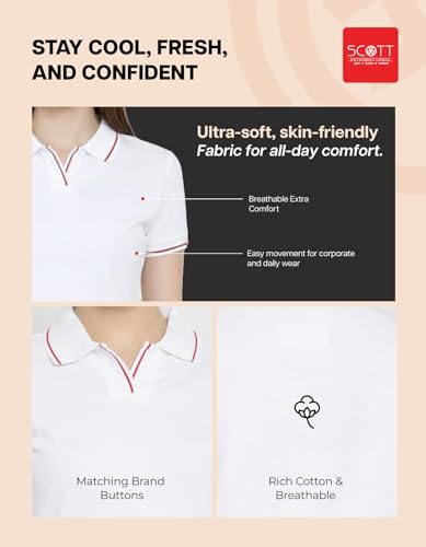 Image of Scott International Women's Cotton Polo T-Shirt | Half Sleeve Plain Collar Tee | Stylish Casual Top | Plain T-Shirt for Girls | Workwear for Office & Casual Wear