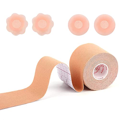 MILIWAN Bande Adhesive Poitrine Scotch Poitrine Femme Soutien-Gorge à Bande de Seins Poitrine Body Tape Poitrine avec 4 PCS Couvre-tétons Gel de Silice Breast Lift Tape pour Bonnet AE Gros Seins Cover