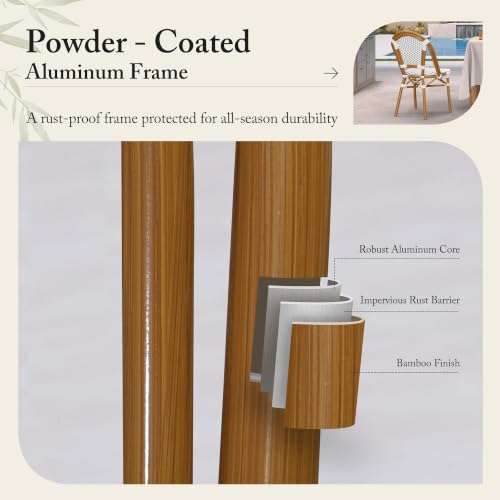Image of PURPLE LEAF Outdoor Dining Chair Set of 4 Patio French Aluminium Frame in Bamboo Finish with White & Gray Woven Rattan for Indoor Kitchen Deck Bistros Cafe Restaurant