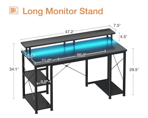 Image of ODK 48 inch Computer Desk with Power Outlets & LED Lights, Gaming Desk with Monitor Stand & Storage Sheves, Home Office Desk, Carbon Fiber Black