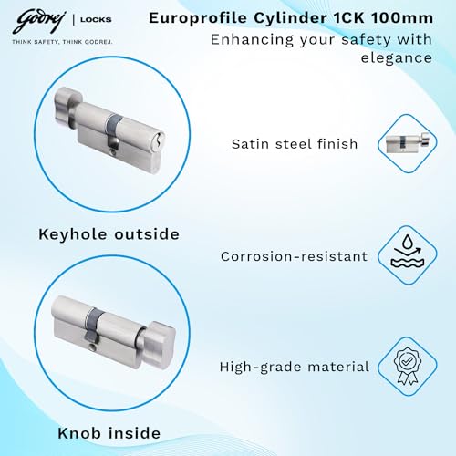 Image of Godrej Pin Cylinder | Europrofile Pin Cylinder | Suitable for Main & interconnecting Doors | 1CK 100mm | Satin Steel Finish | Door Thickness Upto 80mm | 3 Keys | 5 Years Warranty