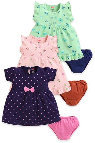 Image of LuvLap Baby Girls Regular Fit 100% Cotton Half Sleeve Girls Knee Length Frock Pack of 3