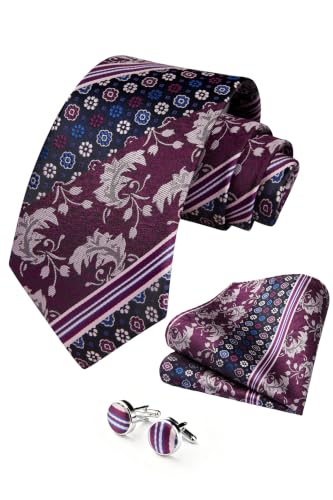 Image of HISDERN Ties for Men Paisley Tie and Pocket Square Cufflinks Set Formal Classic Floral Necktie Handkerchief Wedding Party