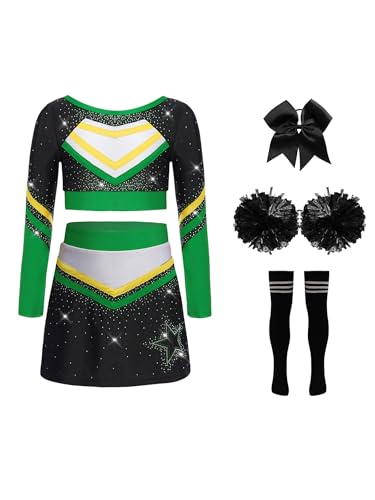Miutii Traje Niña con Pompones Medias Moño Halloween Carnaval Vestido Cheer Y Baile Verde Negro 11-12 años