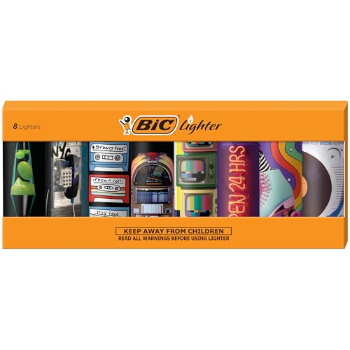 BIC Maxi Pocket Lighter, Special Edition Nostalgia Collection, Assorted Unique Lighter Designs, 8 Count Pack of Lighters