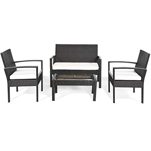 Image of Carry Bird 4 Piece PE Wicker Rattan Outdoor Furniture | 4 Seater Balcony Sofa With Tea Table | Set of 2+1+1 Outdoor Patio Chairs with Coffee Table | Sofa Sets & Center Table for Home & Garden | 3 Piece Patio Stools with Table | Indoor Patio Furniture Set Space Saving | Rattan Chair | Patio Set | Wicker Conversation Set | Poolside Lawn Arm Chairs Set For Balcony & Terrace | Balcony Table chair Set | Hotel Patio Seating Chair & Table Set with Glass | Brown Sofa White Cushion