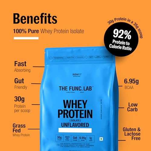 Image of The Func. Lab Whey Protein Isolate - Unflavored | 1 kg | Grass‑Fed, 30g Protein, 6.95g BCAA per Scoop | High Protein Supplement for Muscle Growth, Digestion and Absorption Support