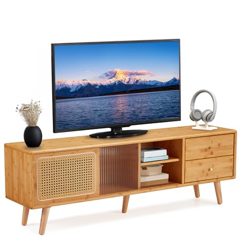 Danrelax Rattan Boho TV Stand for TVs up to 65 inch, Entertainment Center with Rattan Door, Height-Adjustable Shelves & 4 Cabinets & Drawers, Long Boho Media Console for Living Room, Natural