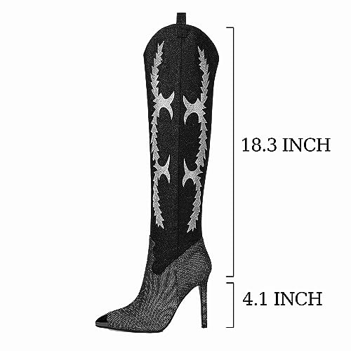 Image of CKSNDLF Women's Western Cowboy Thigh High Boot Rhinestones Cowgirl Boots Glitter Sparkly Boots Over The Knee High Heel Pointed Toe Wedding Party Shoes
