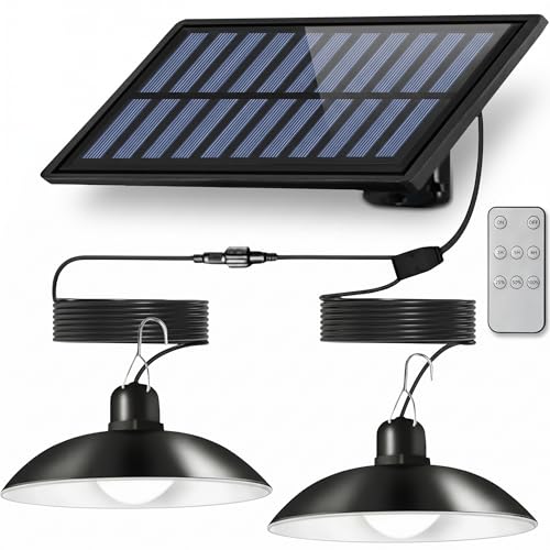 Cprnru Solar Shed Lights, 1-to-2 Solar Pendant Lights, Outdoor Hanging Lights with Remote & Dusk to Dawn, Waterproof for Shed Barn Gazebo Garage