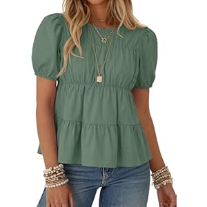 Rapbin Womens Puff Short Sleeve Babydoll Tops Summer Peplum Pleated Cotton T Shirts Casual Loose Fit Flowy Blouses